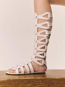 Styleloop Women's Flat Sandals Black Long Summer Cool Boots Cross Woven Vacation Sandals Roman Beach Sandals Leather Face Knee High Boots Holiday Travel Essential Boho Cowgirl Outfit Coachella - White - View 7