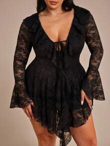 SHEIN BAE Plus-Size Black Autumn Elegant Formal Evening Night Out Club Lace-Trimmed Deep V-Neck Tie-Waist Long-Sleeved Mini Dress,Women's Cocktail Party Outfit - Black - View 6