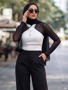 Calvaya Women White Halter-Neck Top With Black Trim. Beachwear, Suitable For Autumn Winter Wear, Office Casual Wear, Versatile,Christmas,New Year, Versatile And Stylish Everyday Casual Wear, Urban Teacher's Professional Attire - Black and White - View 4