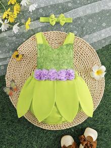 SHEIN 3pcs/Set Baby Girl Sequin Floral Print Bodysuit With Wings And Headband - Green - View 3