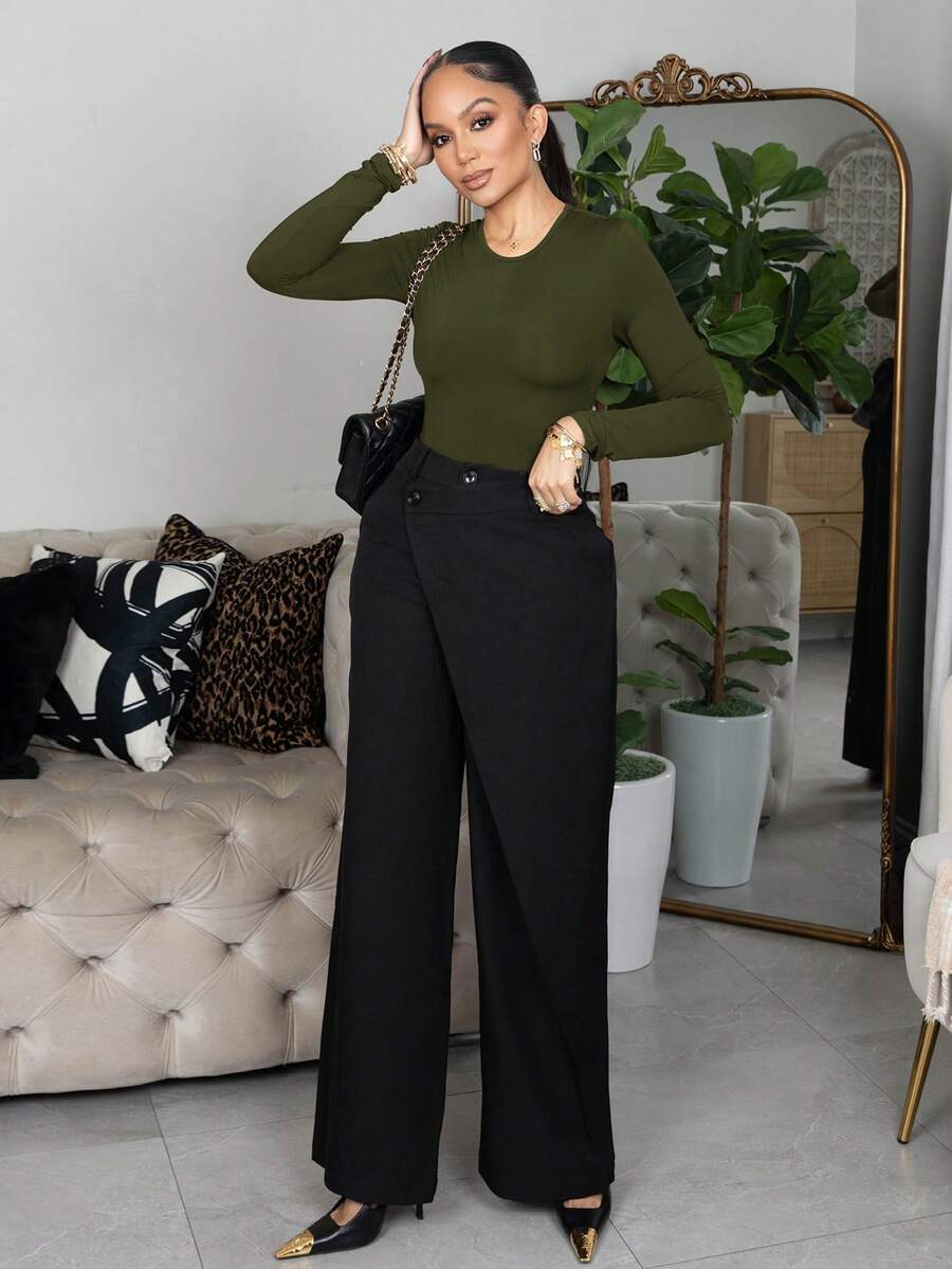 Melissa Matos Bodysuit Wanita Slim Fit Polos untuk Musim Semi, Wanita Bertubuh Mungil - Hijau Tentara - View 1