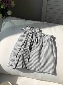 Comfortcana 女士夏季休闲黑色条纹抽绳腰短裤 - 黑色 - 查看 8