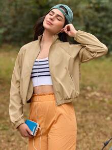 In My Nature Áo khoác nữ tay raglan màu trơn, khóa kéo phía trước, kiểu dáng thường ngày. - Lạc đà - Xem 7