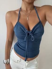 DAZY Áo croptop denim không tay, kiểu dáng casual, buộc dây sau lưng, cổ yếm, dành cho nữ, thích hợp cho mùa hè. - Rửa tối - Xem 3
