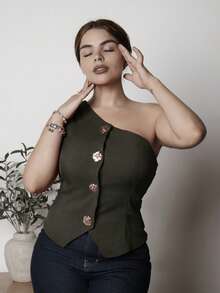 Lupita Cardoza Fashionable & Elegant Multi-Wear S Design Metal Buckle Decor Sexy Oblique Shoulder Black Blouse For Women, Spring/Summer Green - Army Green - View 4