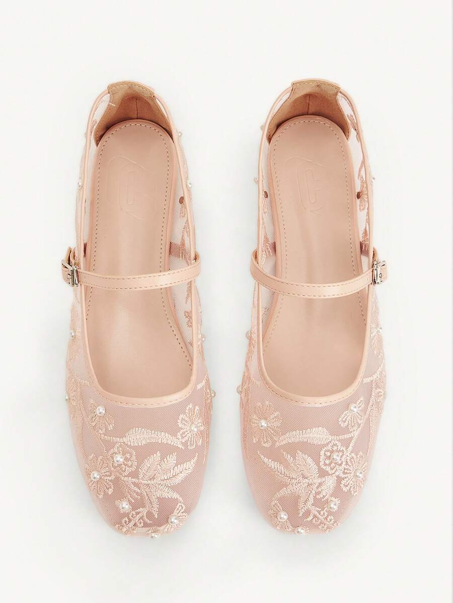 CUCCOO CHICEST Women Shoes Four Seasons New Embroidery Faux Pearl Low Vamp Square Toe Flat Sole Shoes Elegant Elegant Fashion Mesh Women's Flat Shoes Soft Sole Ballet Shoes Elegant Commuter Mary Jane Shoes Wedding Shoes Spring Shoes Bride Shoes - Light pink A - View 1