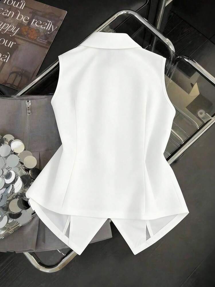 Franclia A Pure White Sleeveless Vest, With A Flowing, Slim Fit In A Flattering Fabric, Featuring An A-Line Silhouette And Rose Gold Buttons, Creating An Elegant And Sophisticated Look Suitable For Both Work And Leisure. (Spring Outfit, Summer Outfit, Women's Summer Suit, Women's Everyday Suit, Women's Elegant Outfit, Women's Casual Shirt, Women's Casual Outfit, White Shirt, Metallic Embellished Shirt, Elegant Shirt, Women's Holiday Outfit)Graduation Season Attire, Fashionable Casual Commuter Wear, Business Office Wear, Versatile And Stylish Everyday Casual Wear, Urban Teacher's Professional Attire - White - View 2