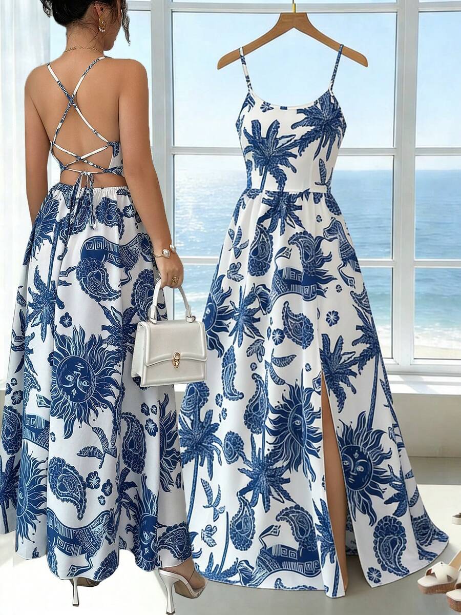 Elenzga Women's Casual Sleeveless Slit Dress With Paisley Pattern, Suitable For Vacation - Multicolor - View 1