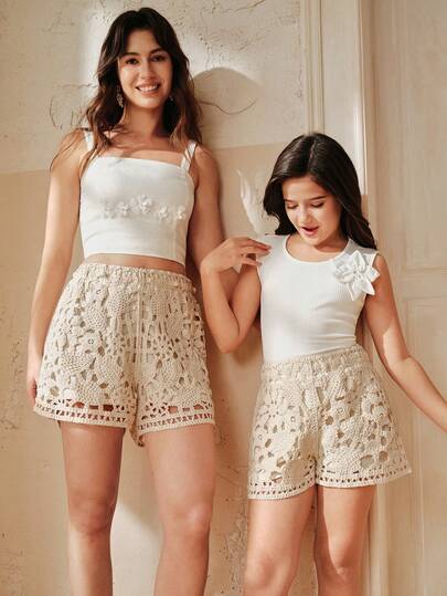 Anewsta Tween Girl Loose Hollow Out Embroidered Shorts For Vacation