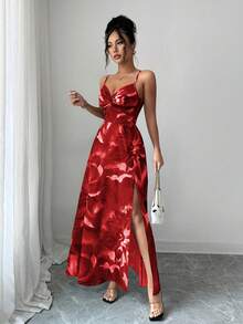 Elenzga Đầm dự tiệc/hẹn hò thanh lịch, chất liệu vải dệt hoa mới, dây mảnh, có thể điều chỉnh phần ngực, thiết kế xoắn, hở lưng, xẻ tà, ôm eo, thích hợp cho nữ. - Đỏ - Xem 5