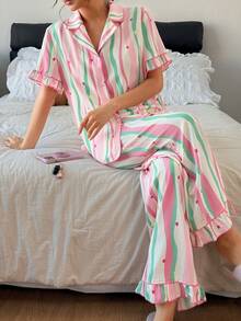 SHEIN Napfluff Heart & Stripe Print Contrast Trim Ruffle Collar Splice Women Short Sleeve Pajama Set - Multicolor - View 3