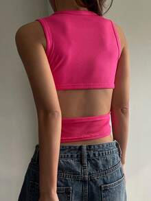 Women's Summer Round Neck Backless Hollow Design Fitted Cropped Casual Sexy Camisole Top Y2k - Pink - View 3