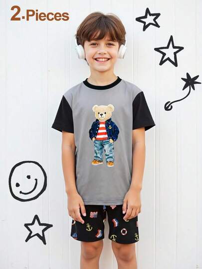 Conjunto de pijama de punto suave con estampado de animales de dibujos animados, de manga corta y pantalón corto, para niños