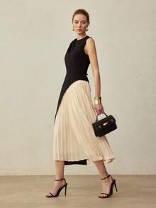 MOTF PREMIUM ELEGANT SLEEVELESS COLOR BLOCK PLEATED DRESS, SPRING/SUMMER - Black - View 6