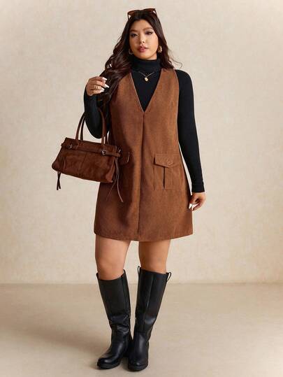 Elaquor 大码女式纯色实用口袋V领休闲无袖连衣裙