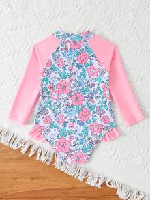 SHEIN Baby Girl Swimsuit Island & Palm Tree Flower Print Long Sleeve Zipper One-Piece Rash Guard,Cute Ruffle Sun Protection Bathing Suit,Summer,Holiday - Multicolor - View 2