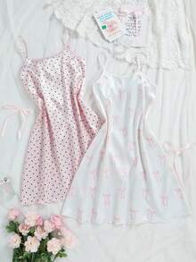 Bộ 2 món áo ngủ hai dây bằng satin in hình nơ và trái tim cho bé gái tuổi teen, thích hợp mặc nhà mùa hè. - Nhiều màu - Xem 1