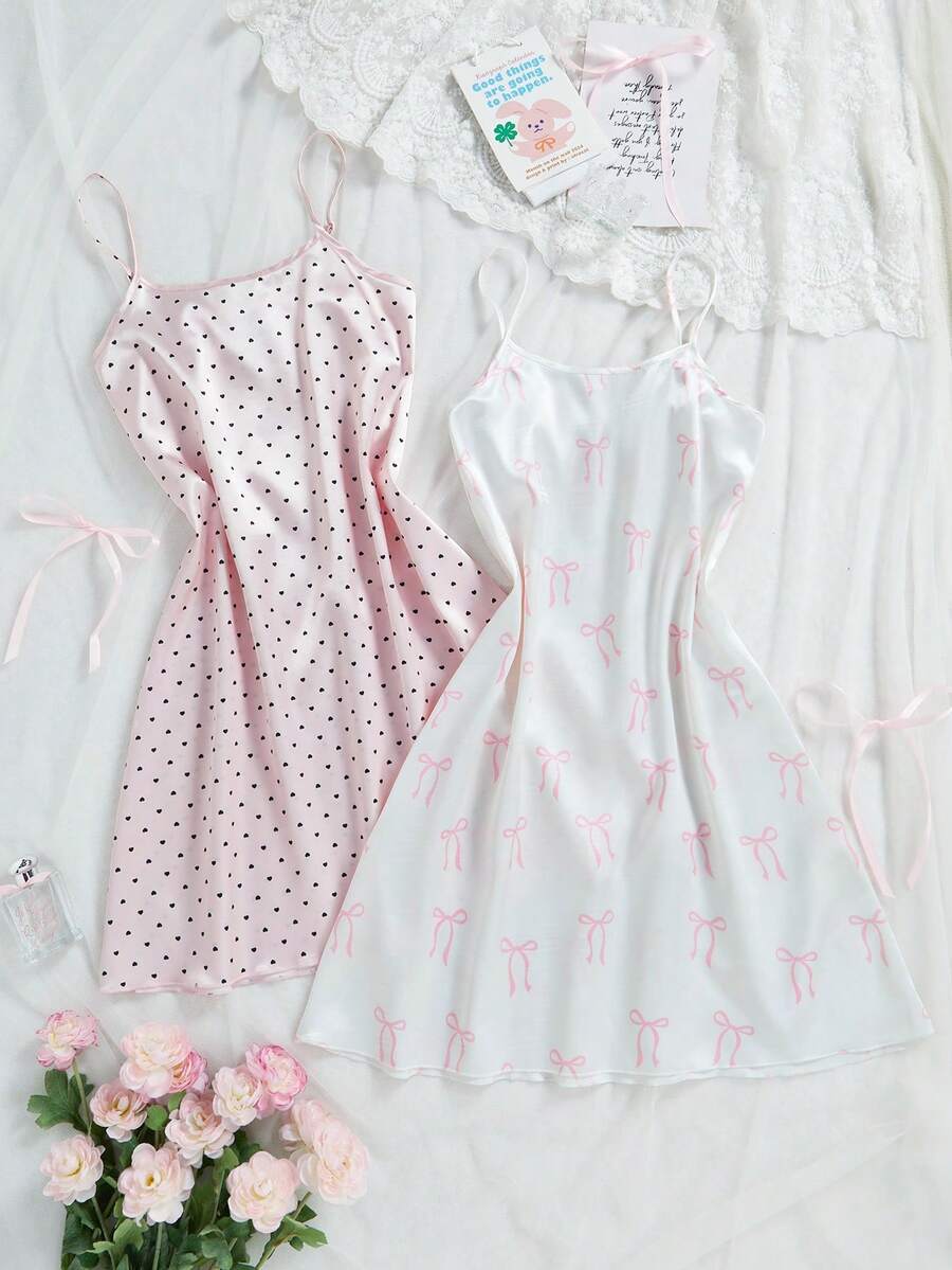 Bộ 2 món áo ngủ hai dây bằng satin in hình nơ và trái tim cho bé gái tuổi teen, thích hợp mặc nhà mùa hè. - Nhiều màu - Xem 1