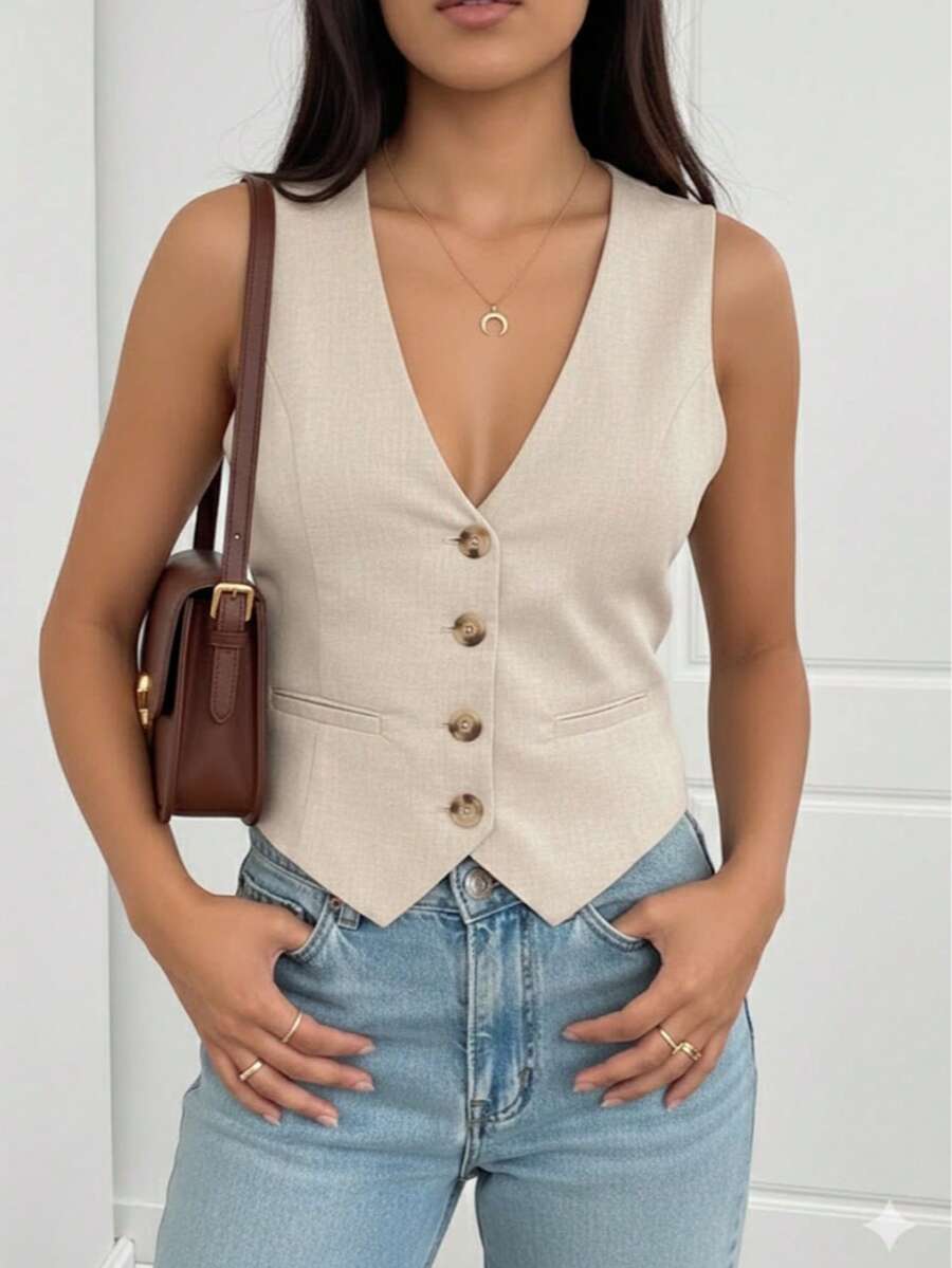 Chaleco con Escote en V Dama Mujer y Botonería Frontal en Contraste - Prenda Superior Formal de Talle Corto en Tela Texturizada Color Arena para Estilo Office Casual y Look de Capas Premium - Beis - Ver 1