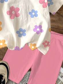 SHEIN Bộ 2 món đồ mặc nhà in hoa cho bé gái, gồm áo thun cổ tròn tay ngắn và quần legging bó sát, thích hợp mặc hàng ngày vào mùa xuân/hè, đi nghỉ mát, phong cách Y2K, thời trang trẻ em dễ thương. - Nhiều màu - Xem 6