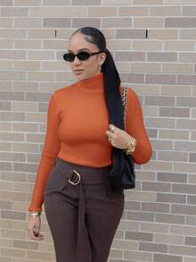Melissa Matos 女士纯色高领长袖羊毛休闲毛衣，秋冬季，长袖上衣 - 亮橙色 - 查看 6