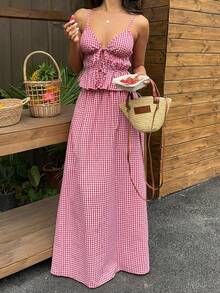 Sunnyshic Red Plaid V-Neck Tie-Front Ruffle Hem Camisole And Low-Waist A-Line Maxi Skirt 2-Piece Set, Women Spring/Summer Vacation Beach Bohemian Minimalist Casual Everyday Versatile - Red - View 5