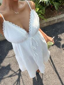 Muchica Women's Summer Casual Vacation Western-Style Beach Wedding Guest Dress, Graduation Brunch Dress; St. Patrick's Day, Spring Break, Easter Elegant Bohemian Tropical Backless Polka Dot Textured Cotton And Linen A-Line Mini Dress; Women's White Dress, Women's Beachwear. - White - View 5