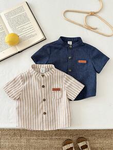 LMoss Kids 2pcs Baby Boy Woven Solid Color Casual Collared Shirt Sets - Multicolor - View 6