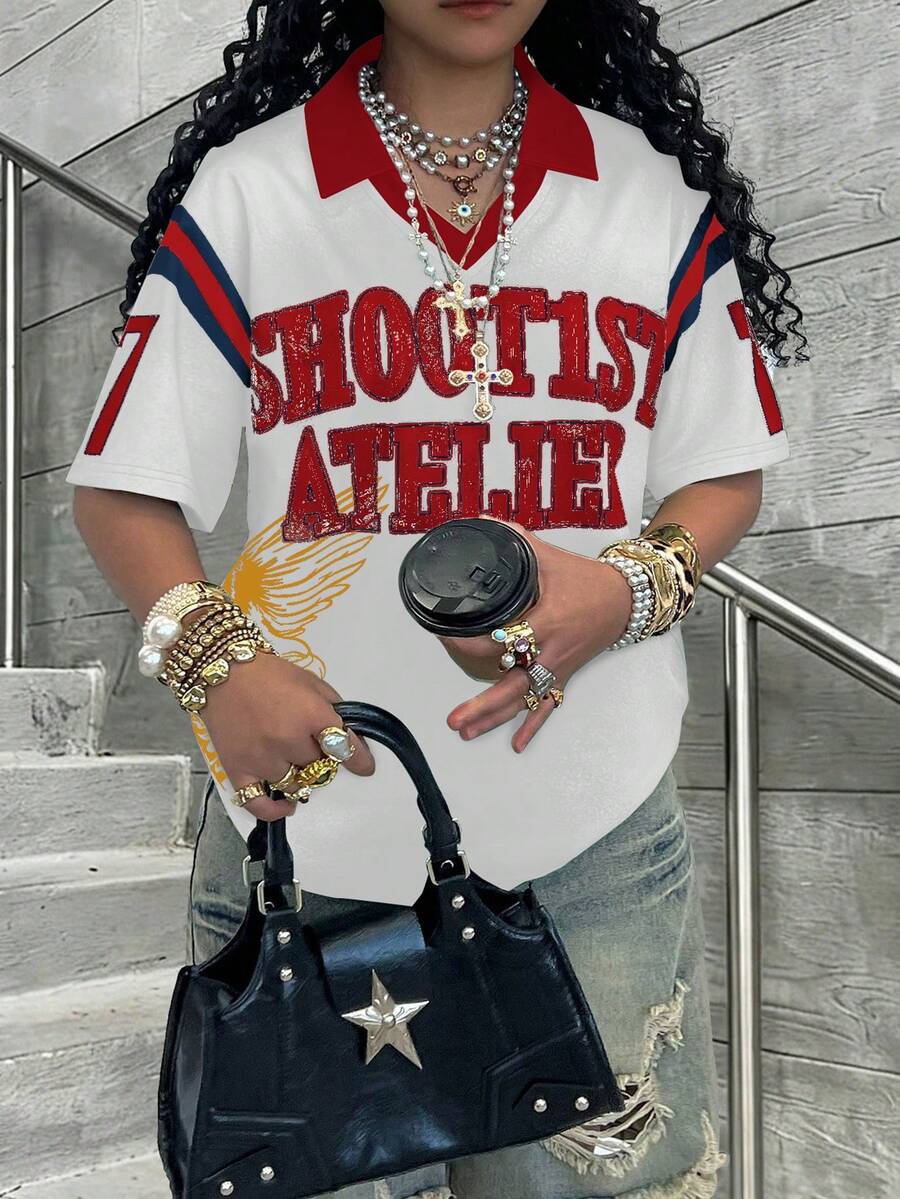 Rovax 女士字母印花宽松休闲短袖T恤 - 彩色 - 查看 1