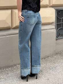 Jeta Ari Women's Jeans Retro Gray Blue Straight Leg Ninth Pants Turn-Down Cuffs Casual And Versatile, Going Out,Autumn Outfits For Women - Light Wash - View 2