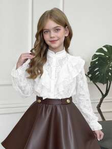 SHEIN 少女纯色杏色优雅精致复古宫廷风立领荷叶边提花纹理纽扣喇叭袖杏色衬衫，适合日常穿着和返校季。 - 白色 - 查看 10