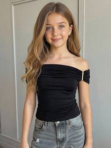 SHEIN Camiseta de punto negra con hombro asimétrico para niñas preadolescentes - Negro - Ver 3