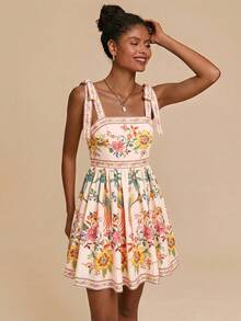 Travachic 女士印花方领无袖系带束腰夏季连衣裙，女士度假装，女士海滩度假装，女士夏季服装，女士夏季连衣裙，女士连衣裙，夏季连衣裙 - 彩色 - 查看 6