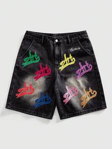 ROMWE MEN Men's Casual Everyday Denim Shorts With Pockets And Button Letter Graphic - Black - View 3