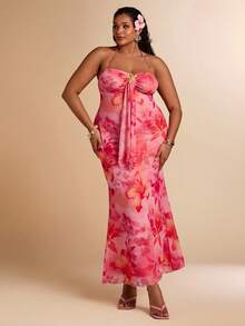 SHEIN BAE 大码女士度假针织网纱渐变浪漫修身露背系带金属扣装饰鱼尾长裙，适合派对、约会、下午茶等场合，性感优雅的夏季兰花长裙，海滩度假、夏季穿搭、假日、婚礼季、海滩邮轮度假、情人节穿搭、浪漫连衣裙、性感约会装、碎花连衣裙、粉色连衣裙 - 粉色 - 查看 3