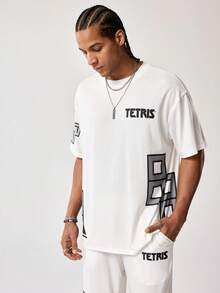 Tetris™ X SHEIN 男士休闲几何印花T恤和裤子套装，夏季 - 米色 - 查看 6
