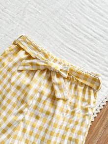 Vintaside Kids 两件套女童格纹不对称单排扣泡泡袖上衣+阔腿裤套装，甜美风格 - 彩色 - 查看 7