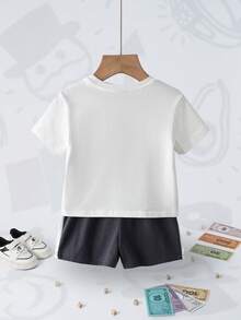 MONOPOLY X SHEIN 男婴休闲卡通字母印花T恤短裤套装，夏季 - 白色 - 查看 2