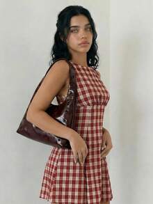 Sweetina 女士假日度假复活节酒红色外出格子圆领收腰无袖迷你连衣裙，夏季 - 紅色 - 查看 8