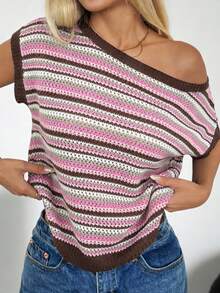 SHEIN EZwear Summer Music Festival Women's Summer Fashion Western Cowgirl Vacation Style Contrast Striped Pattern Asymmetrical Collar Ringer Pointelle Knit Top - Multicolor - View 1