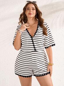 EMERY ROSE Plus Size Women's Summer Elegant Boho Vacation Holiday Black And White Striped Short Sleeve Jumpsuit,Floral Lace Trim Ruffle Contrast Color Outfits - Multicolor - View 4
