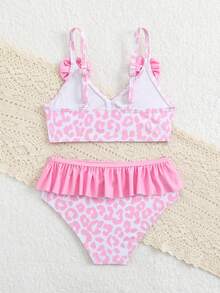 Bộ bikini bèo nhún họa tiết da báo cho bé gái, đồ bơi thời trang đi biển, đồ bơi 2 mảnh cho bé gái, đồ bơi trẻ em, bộ bikini 2 mảnh màu hồng cho bé gái. - Hồng - Xem 2