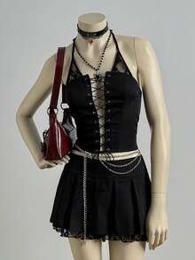 EgrlEra 女士露背系带上衣和迷你裙性感约会外出套装 - 黑色 - 查看 1