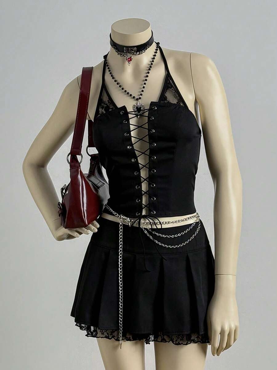 EgrlEra 女士露背系带上衣和迷你裙性感约会外出套装 - 黑色 - 查看 1