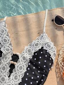 Swim Mod 新款波点蕾丝边连体泳衣，性感V领系带腰身，适合海滩、度假、约会 - 黑色 - 查看 8
