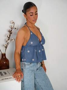 SAYEHFBABY 女式夏季度假花卉刺绣全身印花细肩带休闲背心 - 藍色 - 查看 6