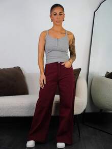 SAYEHFBABY Casual Solid Color Wide Leg Jeans - Burgundy - View 5