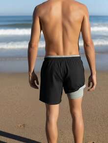 Manfinity Swimmode Quần short đi biển nam mùa hè kẻ sọc phối nhiều màu, có dây rút, màu xám, quần bơi nam, đồ bơi đi biển nam, quần short đi biển nam. - màu đen - Xem 2