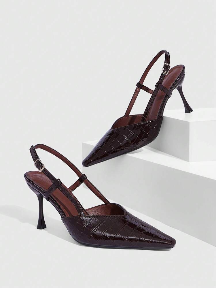 CUCCOO SZL Women's Pointed Toe Patent Leather Stone Texture Deep Brown Fashionable Sexy Date Night Lace-Up Peep Toe High Heel Pumps