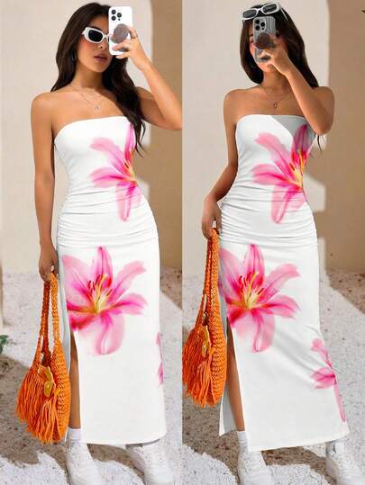 SHEIN Teen Girl Floral Print Fitted Casual Comfortable Knit Snug Fit Mini Dress